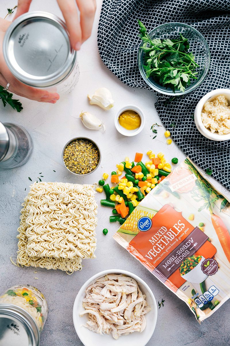 Instant Pot Chicken And Veggie Soup Recipe All the ingredients for the second instant noodles recipe, chicken and veggie noodle soup, are prepped and ready for quick assembly.
