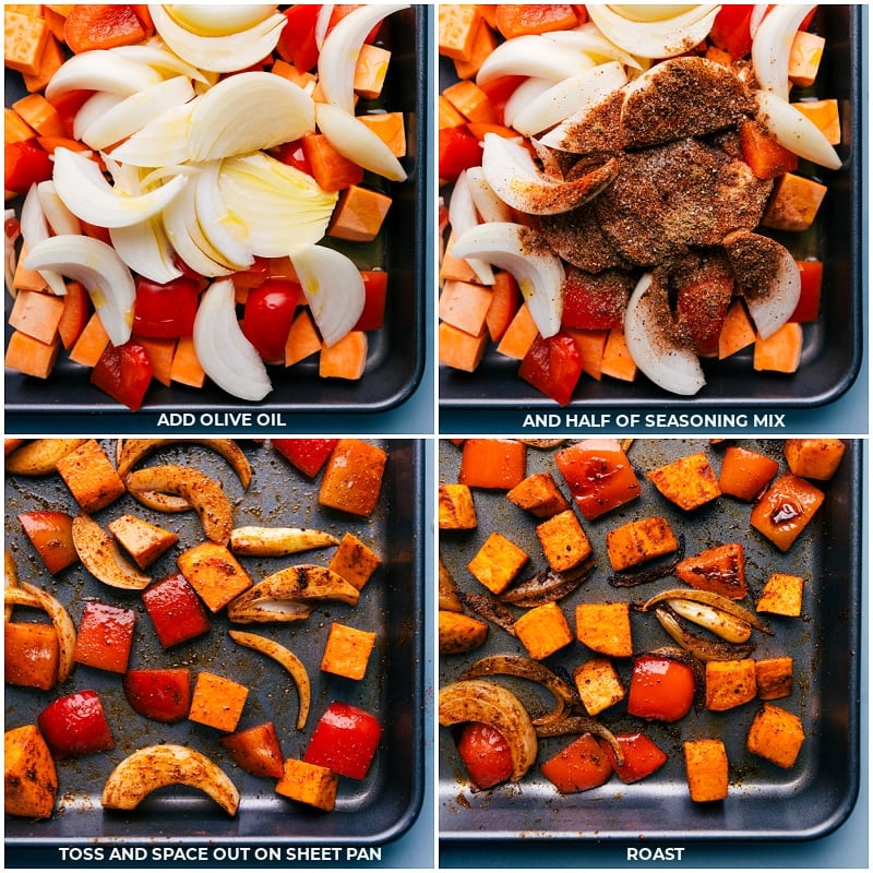 Sausage and Chickpeas are tossed with onions, sweet potatoes, broccoli, and a sweet bell pepper in an unforgettable Mexican-inspired seasoning blend. This meal is prepared on one sheet pan requiring minimal prep time and even quicker clean-up! Recipe via ChelseasMessyApron #broccoli #onions #peppers #sausage #chickpeas Process shots--adding the onions, peppers and seasonings; continuing to roast.