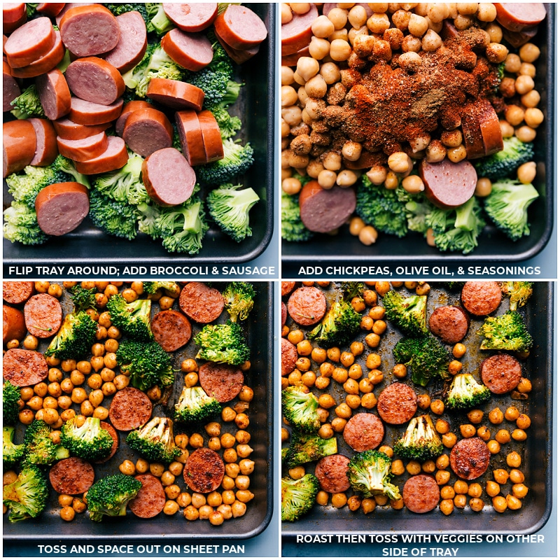 Sausage and Chickpeas! This is going to be your new favorite recipe! Recipe via ChelseasMessyApron #broccoli #onions #peppers #sausage #chickpeas #onepan Process shots-- images of the broccoli, sausage, chickpeas, and seasonings being added to the sheet pan for this Sausage and Chickpeas recipe.