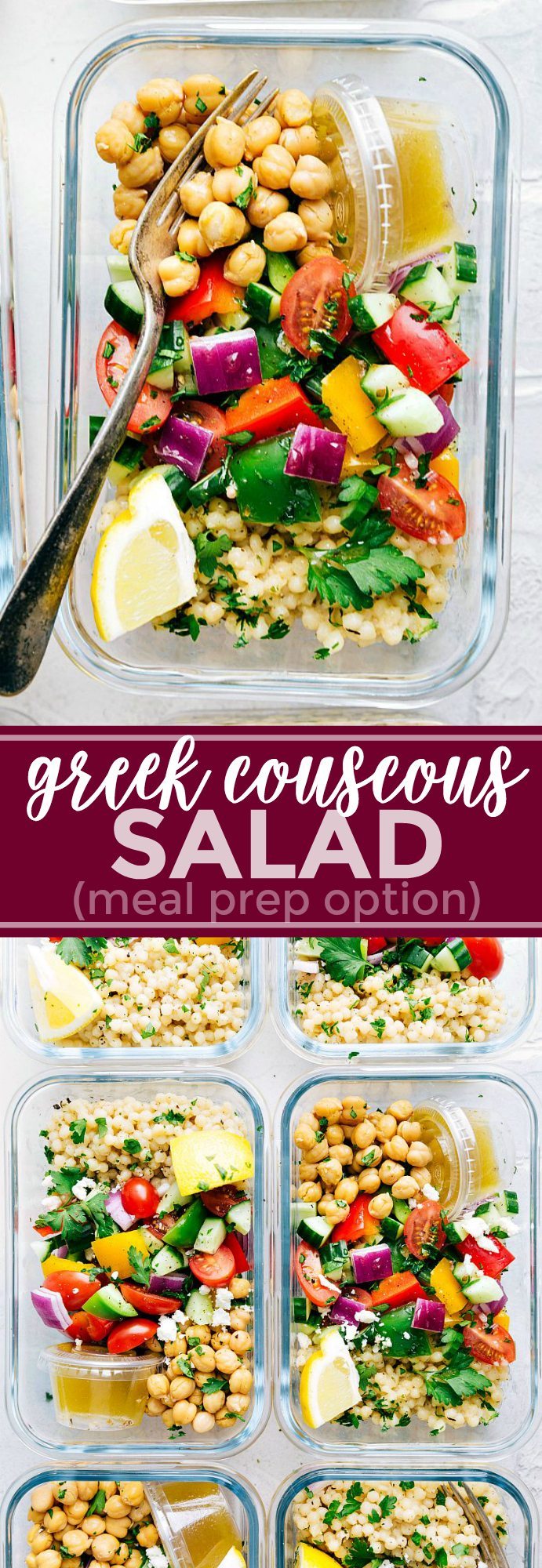 A delicious and healthy Greek couscous salad that everyone will go crazy for! (Meal prep options and tips included) via chelseasmessyapron.com | #healthy #salad #couscous #vegetables #vegetarian #Greek #delicious #easy #kidfriendly #quick