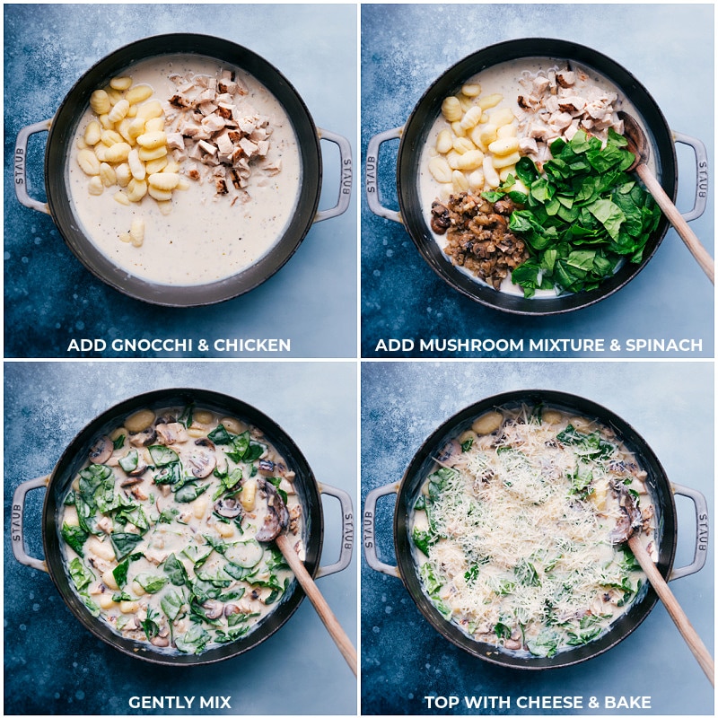 This restaurant-quality creamy Chicken Gnocchi Pasta with mushrooms and spinach can all be made in ONE skillet! Recipe via chelseasmessyapron #dinner #comfortfood #quick #easy #simple #best #creamy #chicken #gnocchi #pasta Process shots-- adding gnocchi and chicken to the mix