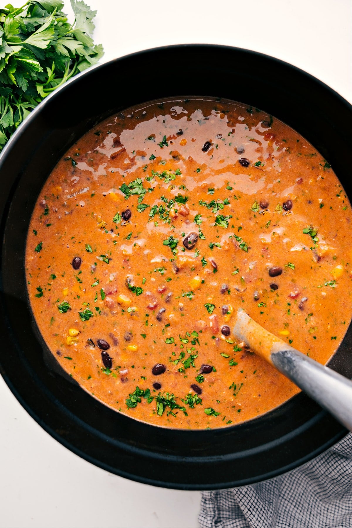 Chicken Tortilla Soup in a pot, ready to be served.