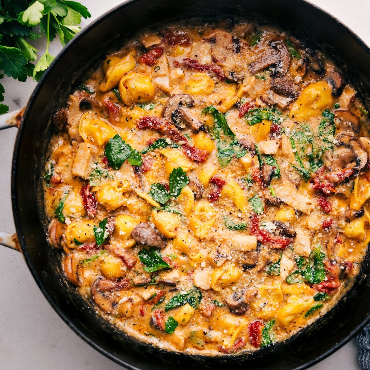 The Best Chicken Tortellini The complete dish in a pot ready to be served.