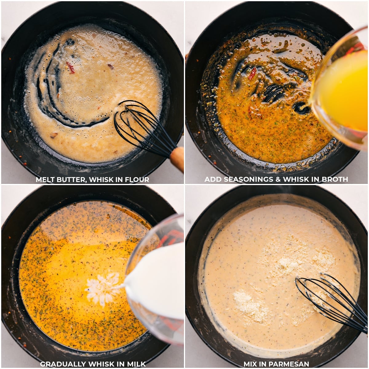 Making Marry Me Chicken Tortellini Melting butter, whisking in flour, seasonings, broth, and Parmesan in a pot.