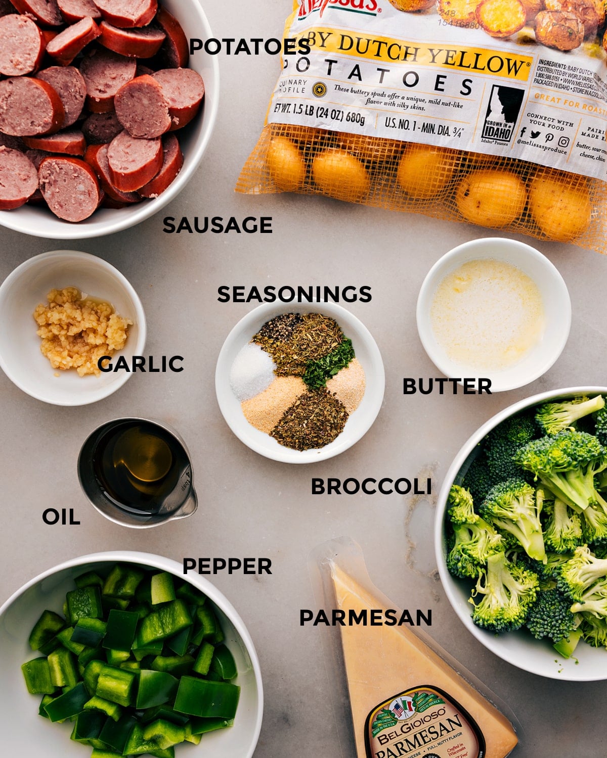 Ingredients In Sausage Potato Broccoli Sheet Pan All the ingredients in this recipe prepped for easy assembly/