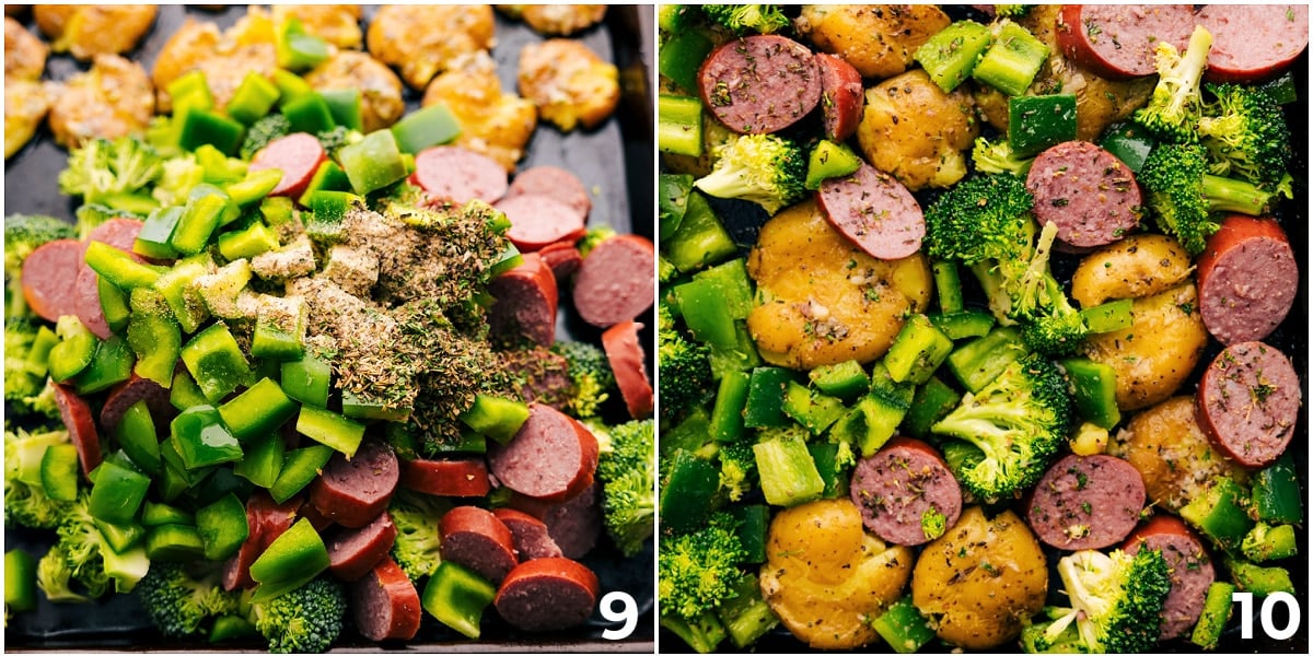 Roasting Sausage Potato Broccoli On A Sheet Pan Everything being tossed together on the pan.
