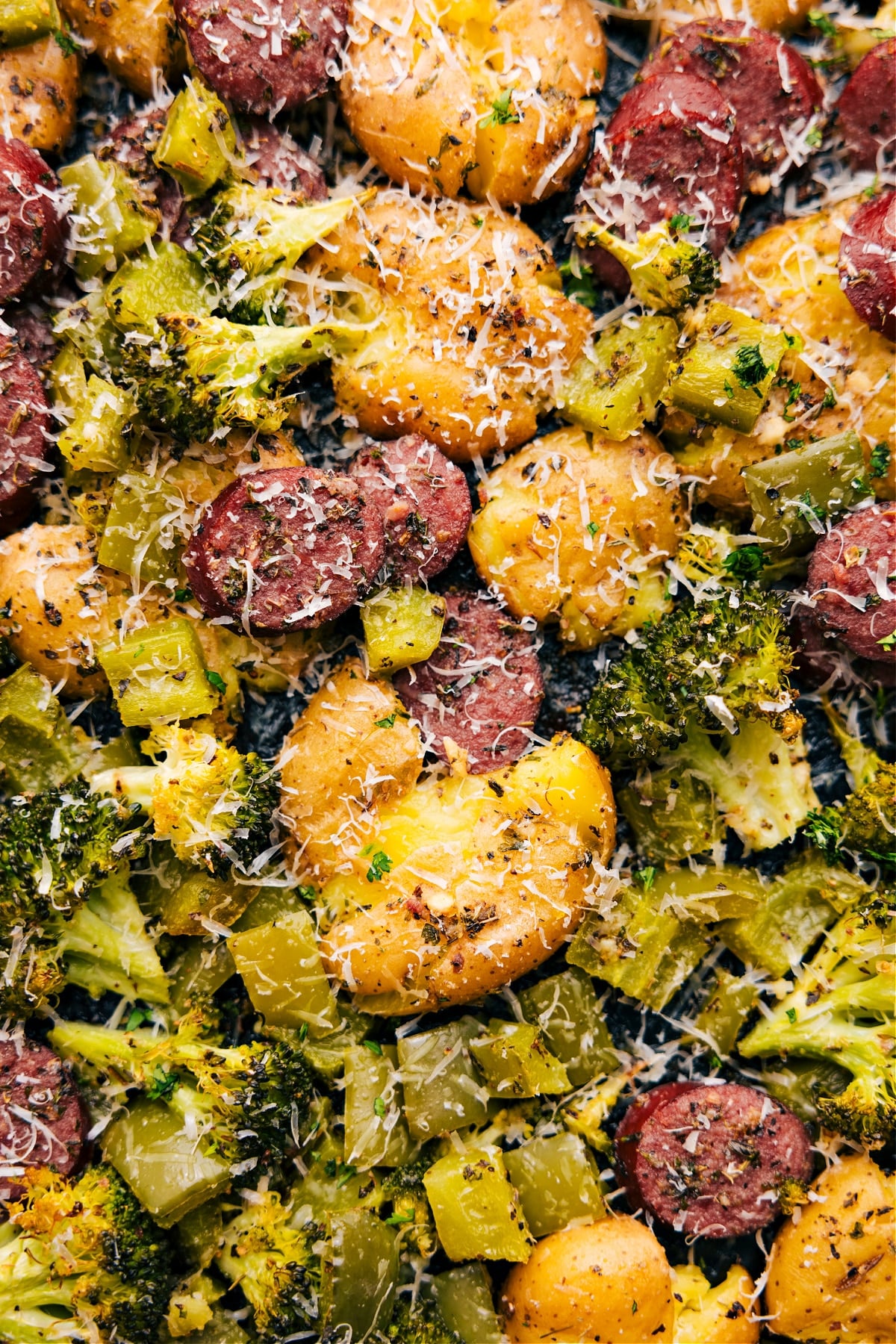 Quick And Easy Sausage Potato Broccoli Sheet Pan Sausage Potato Broccoli Sheet Pan ready to be served.