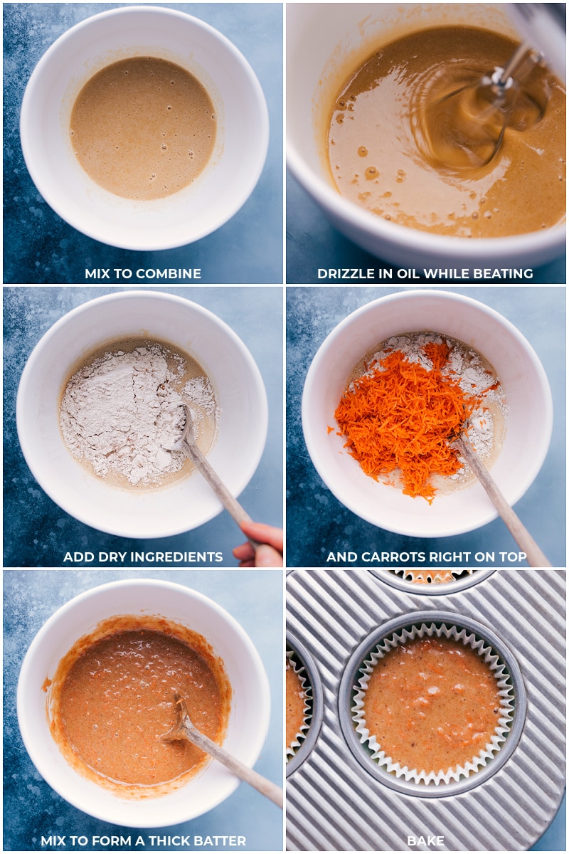 Carrot Cake Cupcakes are moist, tender, infused with the perfect amount of spices, and topped with a sweet cinnamon-cream cheese frosting. Add a sprinkle of pecans for the perfect finishing touch! Recipe via chelseasmessyapron #dessert #best #quick #easy #simple #bakery #creamcheese #frosting #easter #carrotcake #cupcakes Wet and dry ingredients being combined and mixed together and then added to a prepared muffin pan to bake.