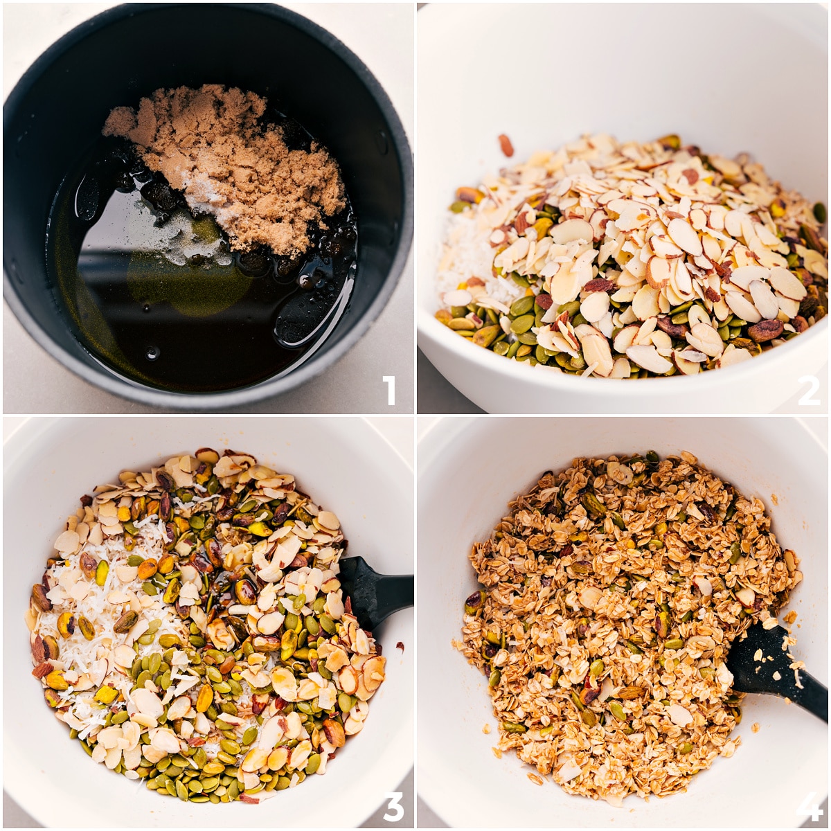 How To Make Homemade Granola Combine the oil, syrup, brown sugar, and salt in a saucepan and heat until the sugar dissolves. Add all the remaining ingredients to a bowl and toss everything together.