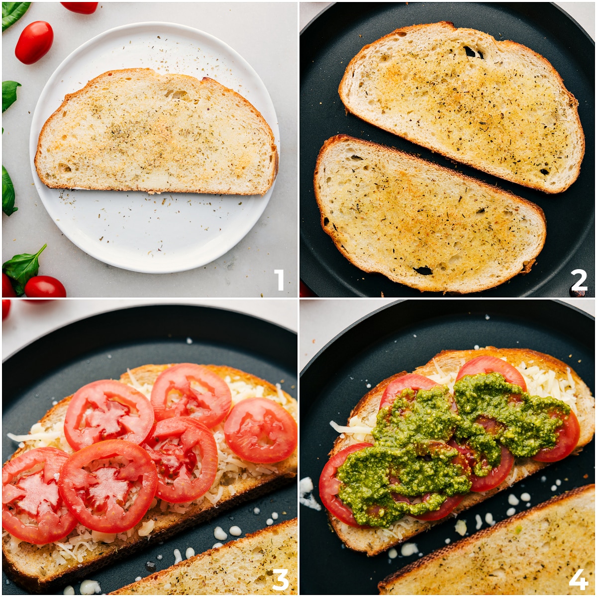 How To Make Caprese Grilled Cheese The bread being butter, seasoned, and cooked in a skillet, then all the ingredients being assembled inside the bread for this Caprese Grilled Cheese.
