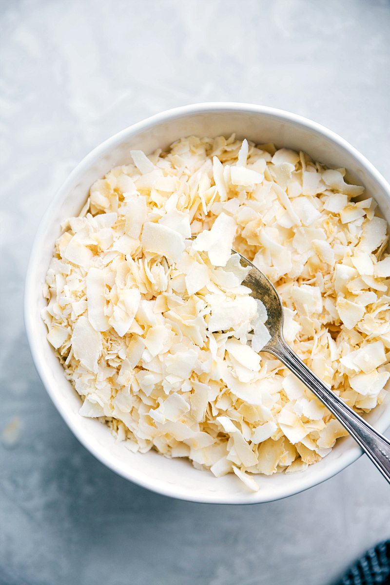 Coconut flakes with teriyaki chicken Coconut flakes used to top this dish.