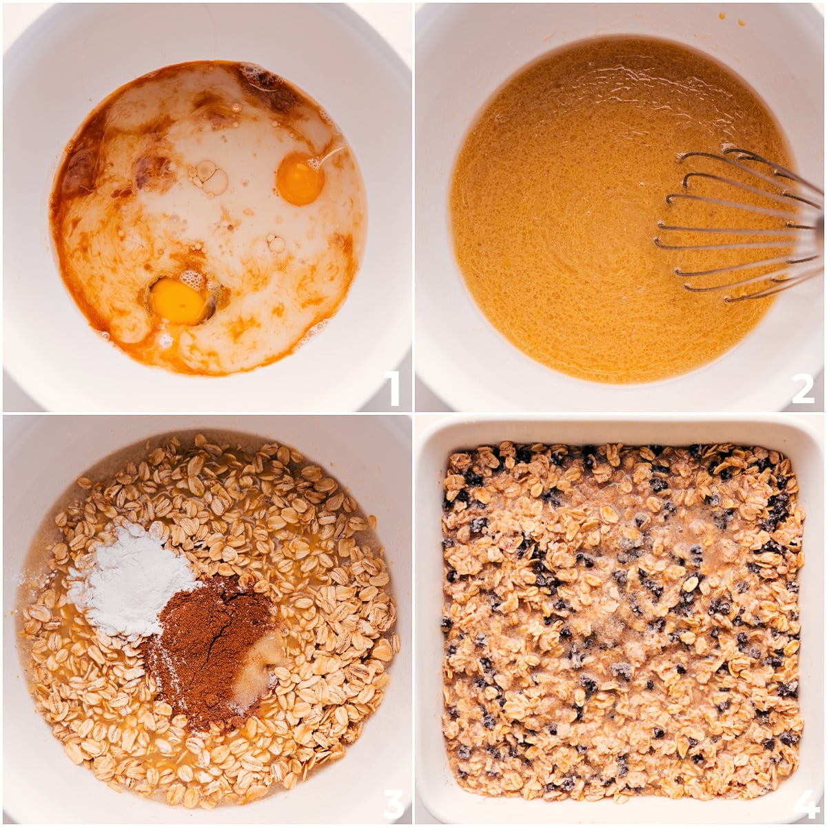 How To Make Chocolate Chip Baked Oatmeal The wet ingredients and dry ingredients for this chocolate chip baked oatmeal mixed together and then poured into a baking pan.