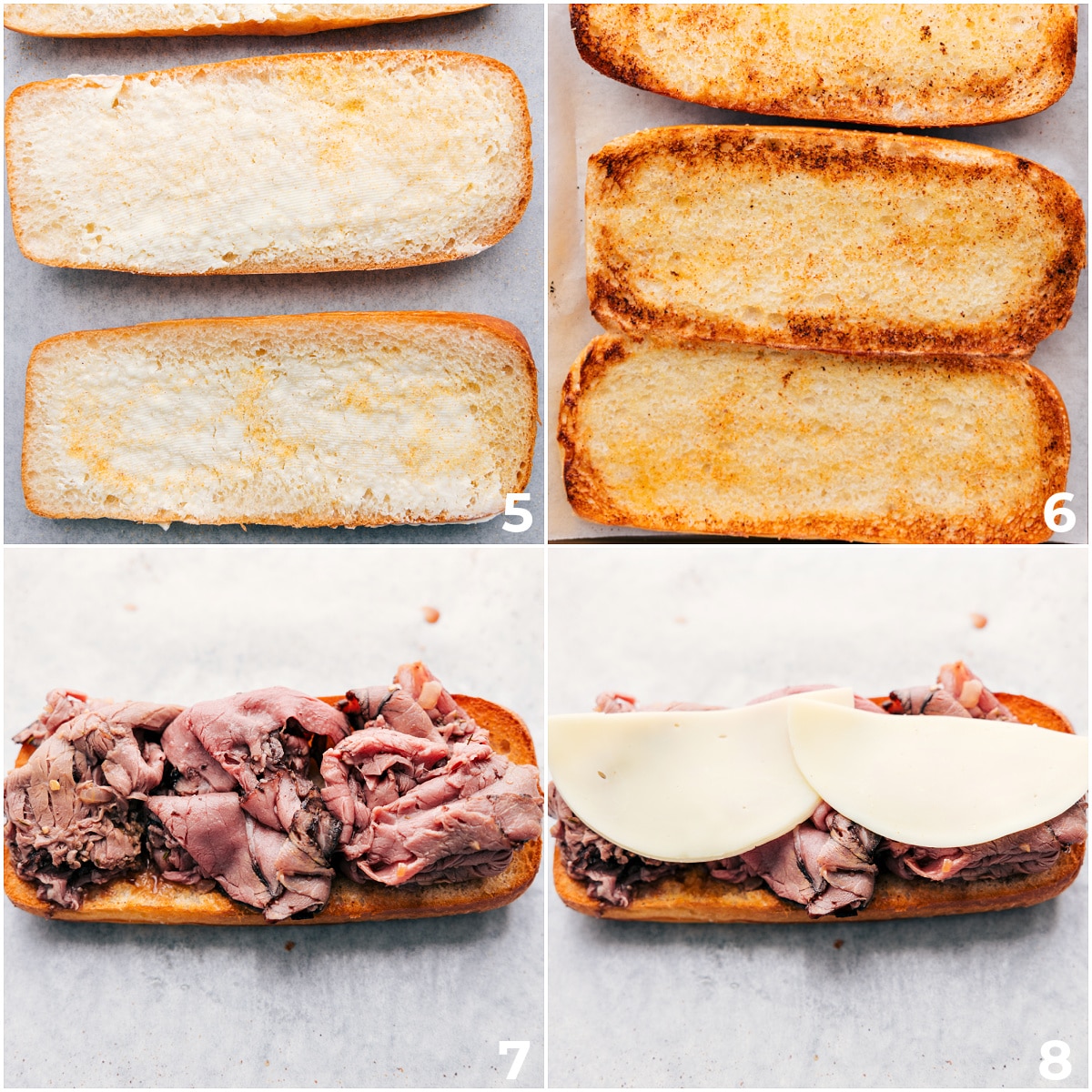 The buns being toasted and the roast beef and cheese being layered in.