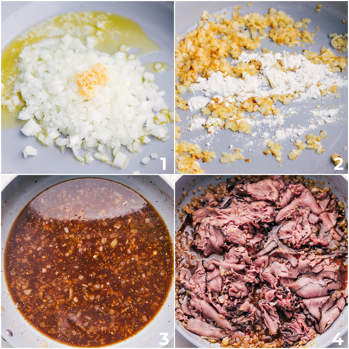 How To Make French Dip Sliders The onions being sauteed with the garlic and the roast beef being added in for these French Dip Sandwiches.