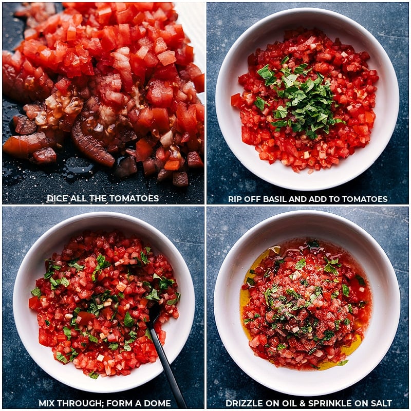 This recipe came straight from Italy along with all the tips and tricks we're sharing! Recipe via chelseasmessyapron #appetizer #snack #quick #easy #simple #thanksgiving #christmas #newyearseve #familyfriendly #tomatoes #bruschetta Process shots of Bruschetta-- image of the tomatoes, basil, oil, and salt being added to a bowl