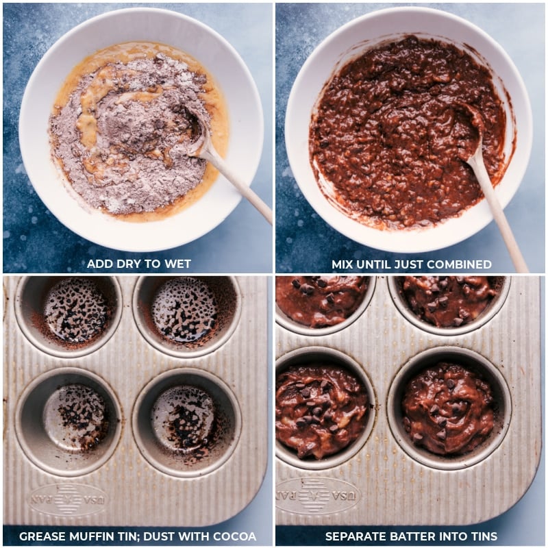 These Chocolate Banana Muffins are sweet, rich, moist, deeply chocolate-y, and every bite is loaded with chocolate chips! Recipe via chelseasmessyapron #breakfast #dessert #best #quick #easy #simple #chocolatechips #chocolate #banana #muffins Process shots-- images of the wet and dry ingredients being mixed together and then aded into muffin tins