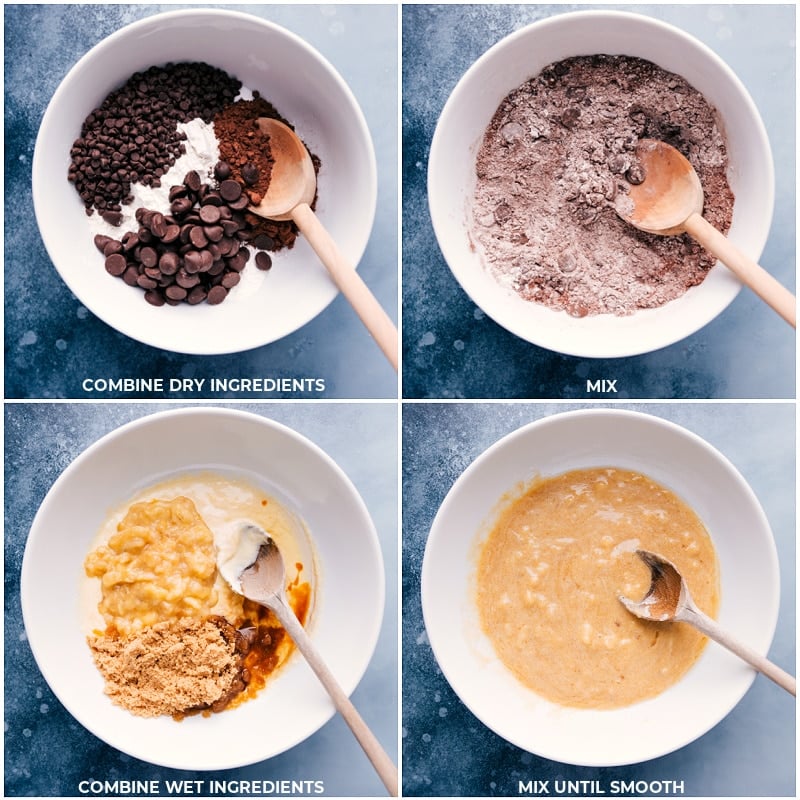 These delicious Chocolate Banana Muffins are sweet, rich, moist, deeply chocolate-y, and every bite is loaded with chocolate chips! These muffins are made with more nutritious ingredients than your typical bakery-style muffins; they've got Greek yogurt, bananas, coconut oil, and a lot less sugar than other recipes. Even though we're using better ingredients, we aren't sacrificing any flavor with this recipe! Recipe via chelseasmessyapron #breakfast #dessert #best #quick #easy #simple #chocolatechips #chocolate #banana #muffins Process shots-- images of the dry and wet ingredients being prepped