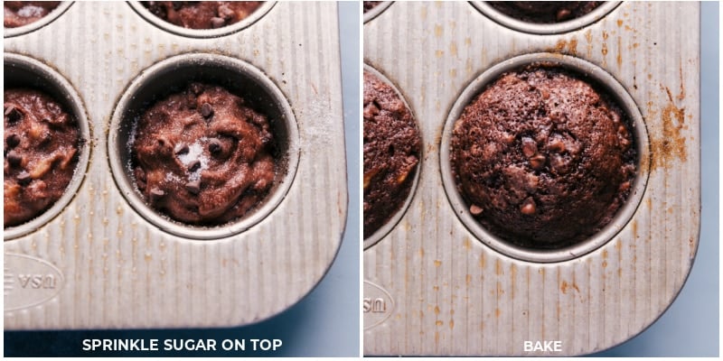 Chocolate Banana Muffins! These muffins are made with more nutritious ingredients than your typical bakery-style muffins; they've got Greek yogurt, bananas, coconut oil, and a lot less sugar than other recipes. Even though we're using better ingredients, we aren't sacrificing any flavor with this recipe! Recipe via chelseasmessyapron #breakfast #dessert #best #quick #easy #simple #chocolatechips #chocolate #banana #muffins Process shots-- images of the chocolate banana muffins being baked