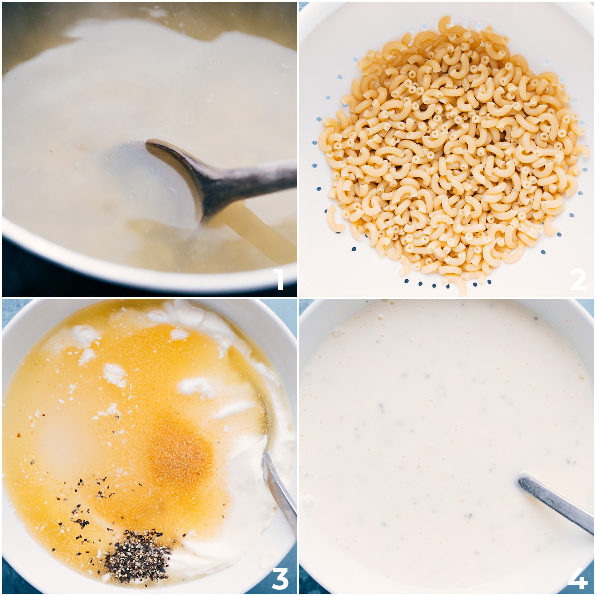 Best Macaroni Coleslaw Salad Recipe The pasta being cooked and the dressing being whisked together for this macaroni coleslaw salad.