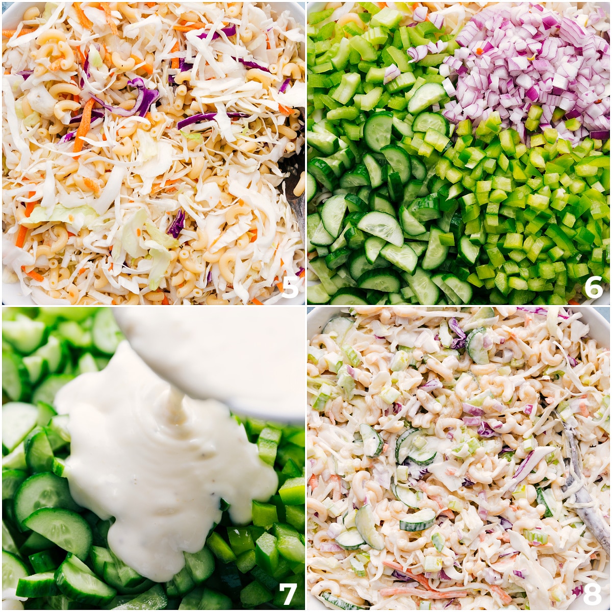 How To Make Macaroni Coleslaw Salad All the components of this recipe being combined in a bowl and it all being tossed together.