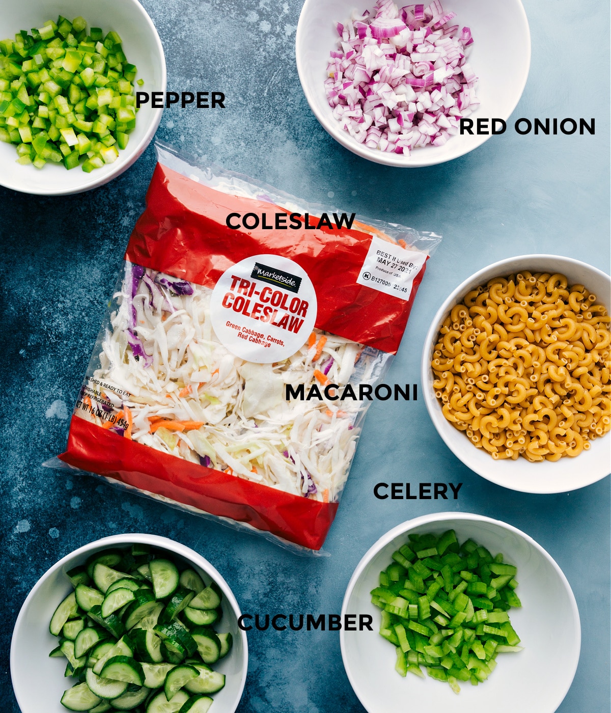 Ingredients In Macaroni Coleslaw Salad All the ingredients in this recipe prepped out for easy assembly.