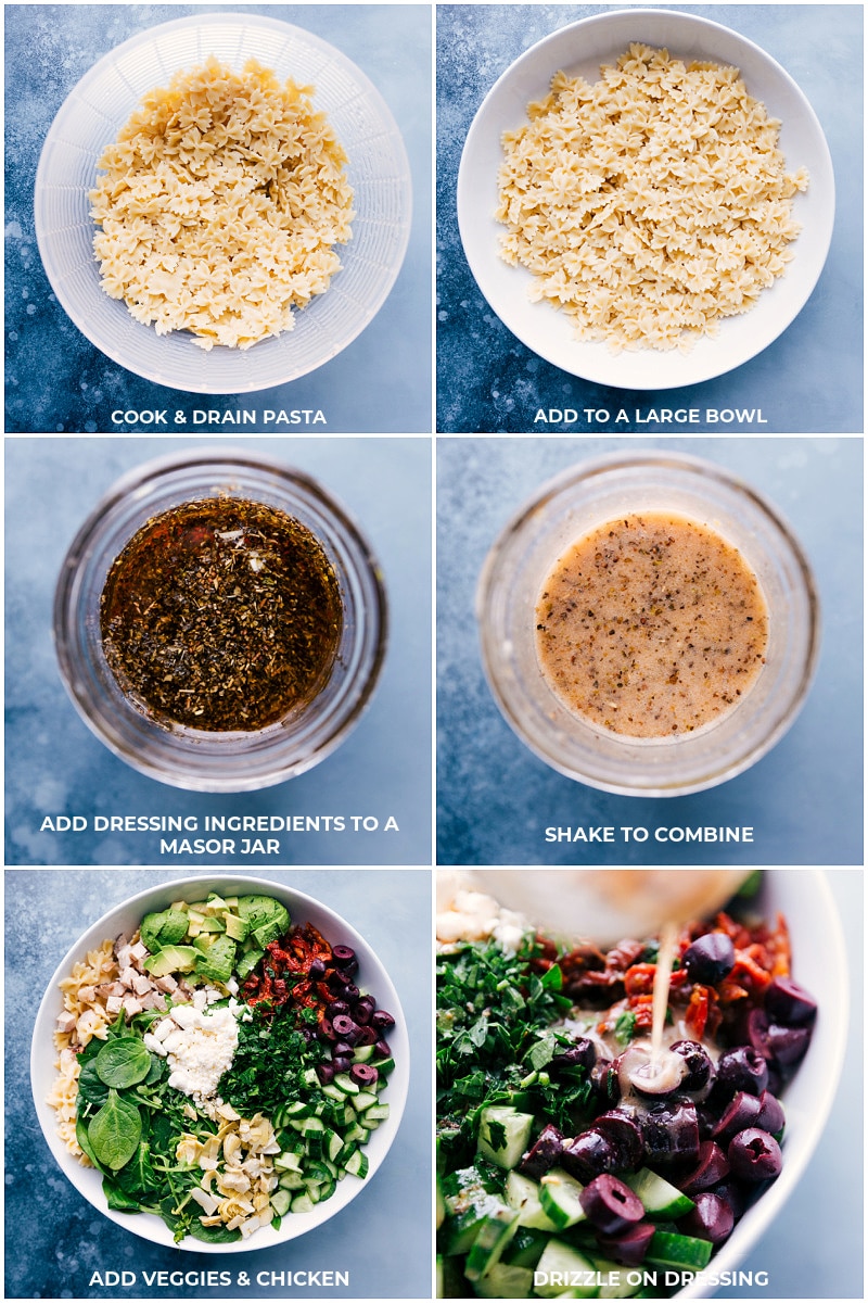 This flavorful Mediterranean Pasta Salad overflows with delicious ingredients! We've got miniature farfalle pasta, sun-dried tomatoes, Kalamata olives, artichokes, feta cheese, and more. This salad is drizzled with a tangy oregano-lemon vinaigrette. Add some leftover grilled chicken or rotisserie chicken to turn this salad into a meal or enjoy as is for a great side dish or potluck favorite. Recipe via chelseasmessyapron #healthy #quick #easy #simple #best #spinach #olives #cucumbers #mediterranean #pasta #salad Process shots-- images of the pasta being cooked; dressing being made; and salad being assembled.