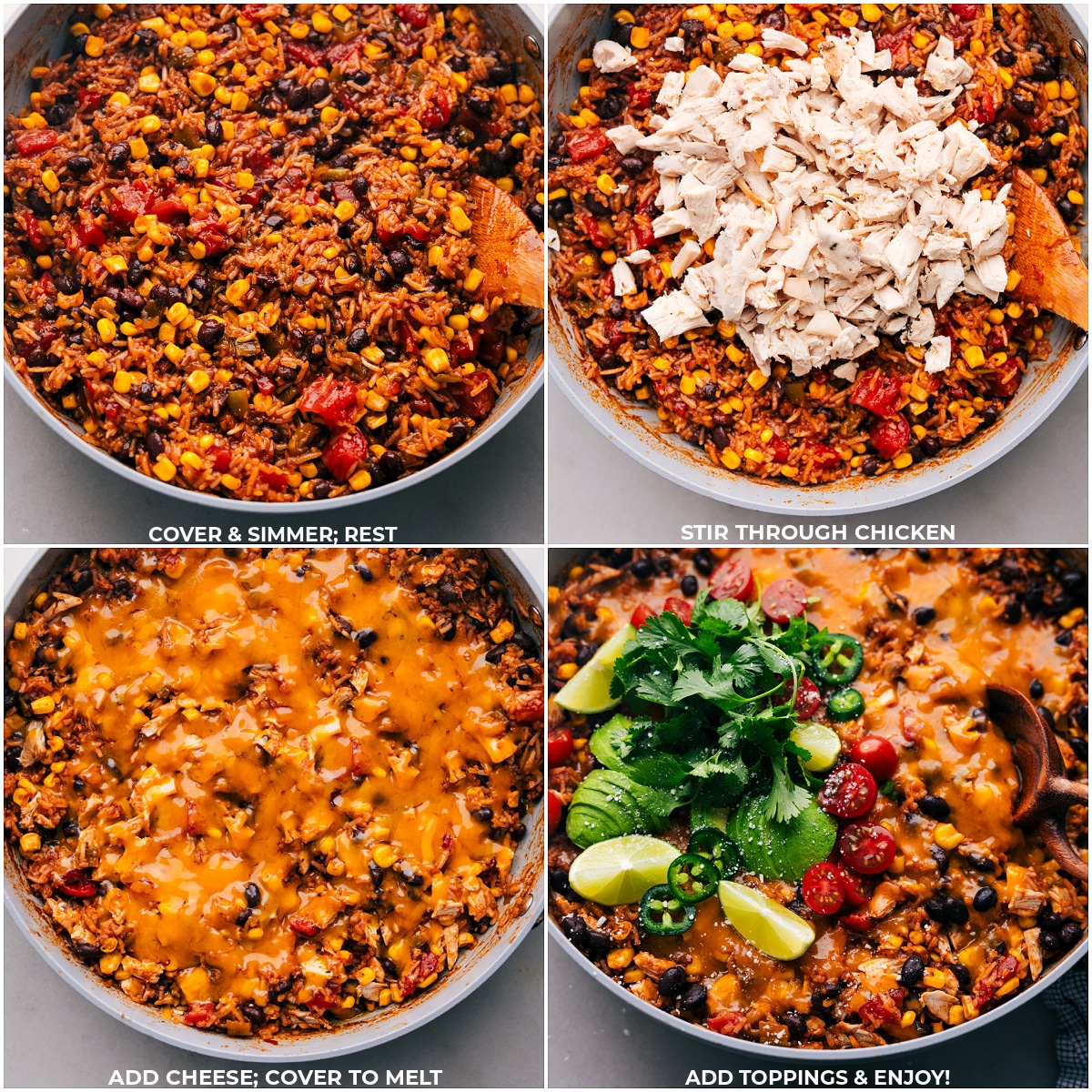 Our Favorite One Pot-Burrito Bowls Chicken being added to the pan and cheese being melted over the top of everything.
