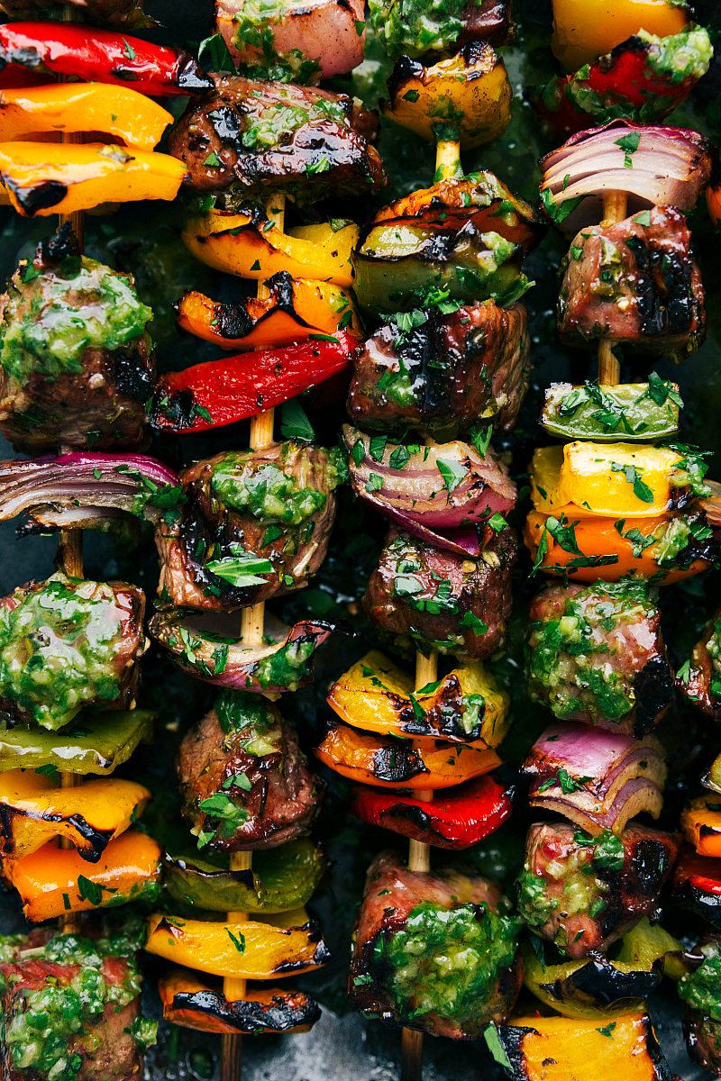 Grilled Steak Kebabs Recipe With Basil Sauce The dinner fresh off the grill topped with the basil sauce.