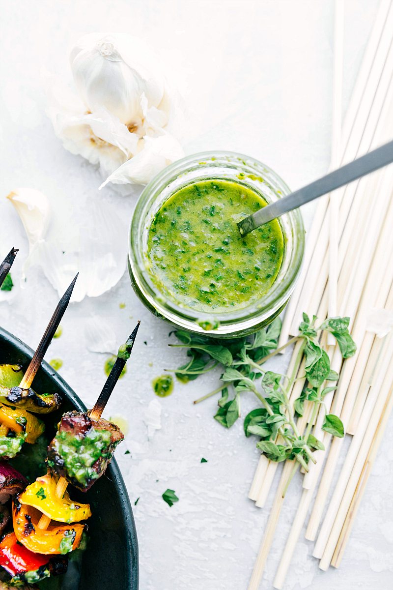 Best Steak Kebabs Recipe Basil sauce used to top the steak kebabs.