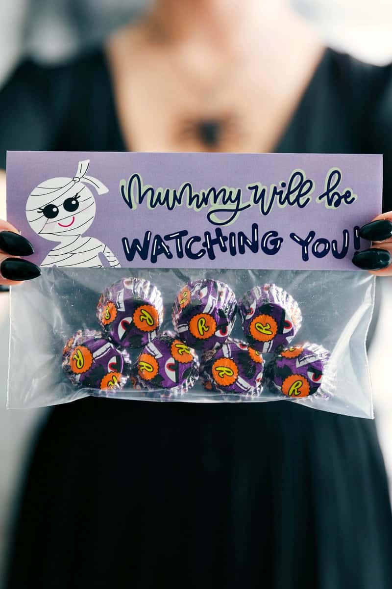 6 fun and festive easy Halloween bags filled with delicious treats! These candies/treats are put in a snack-size ziplock bag and you can staple on the FREE printable bag toppers! via chelseasmessyapron.com #halloween #gift #favor #party #dessert #candy #treat #easy #quick #free #printable #witch #pumpkin #dracula #zombie #mummy #ghost #skeleton #monster #zombies #kids #healthy #healthier #simple #fun #halloween #decor