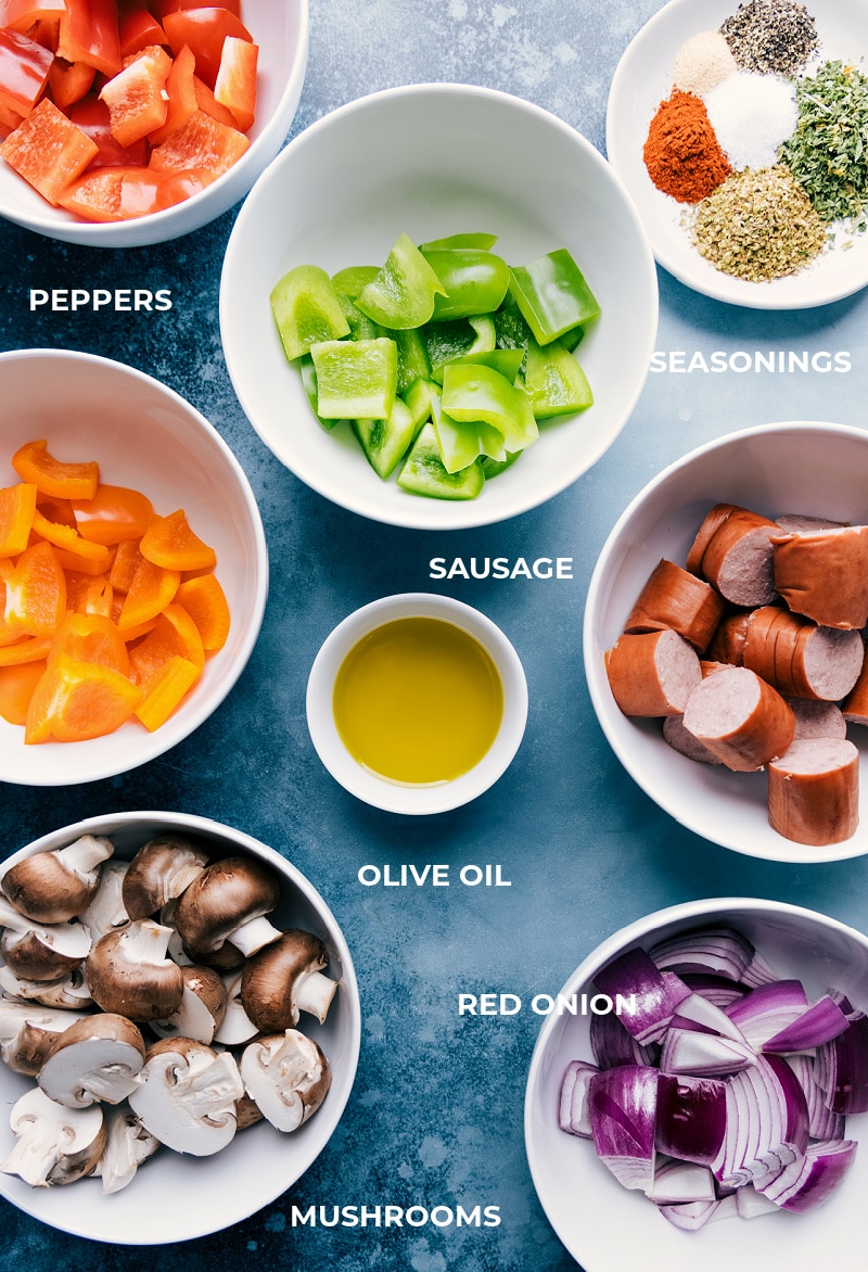 Sausage Kabobs! Recipe via ChelseasMessyApron #dinner #quick #easy #healthy #whole #whole30 #keto #veggies #grilled #summer #sausage #kabobs Ingredient shot-- images of all the ingredients that go on these sausage kabobs