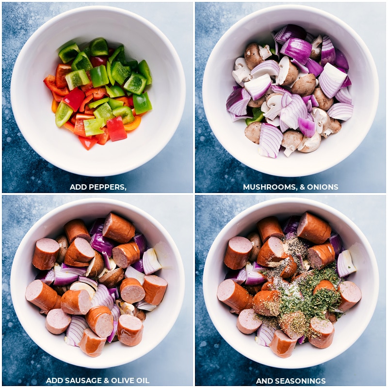 Sausage Kabobs are simple to make! Recipe via ChelseasMessyApron #dinner #quick #easy #healthy #whole #whole30 #keto #veggies #grilled #summer #sausage #kabobs Process shots-- images of the veggies and sausage being thrown into a bowl and the seasoning and olive oil being added on top