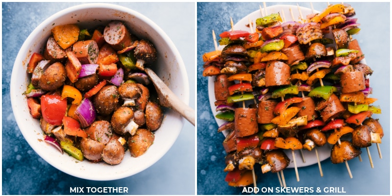 Sausage Kabobs are easy to make and loaded with flavor! Recipe via ChelseasMessyApron #dinner #quick #easy #healthy #whole #whole30 #keto #veggies #grilled #summer #sausage #kabobs Process shots--veggies and sausage being mixed together; threaded on skewers to grill