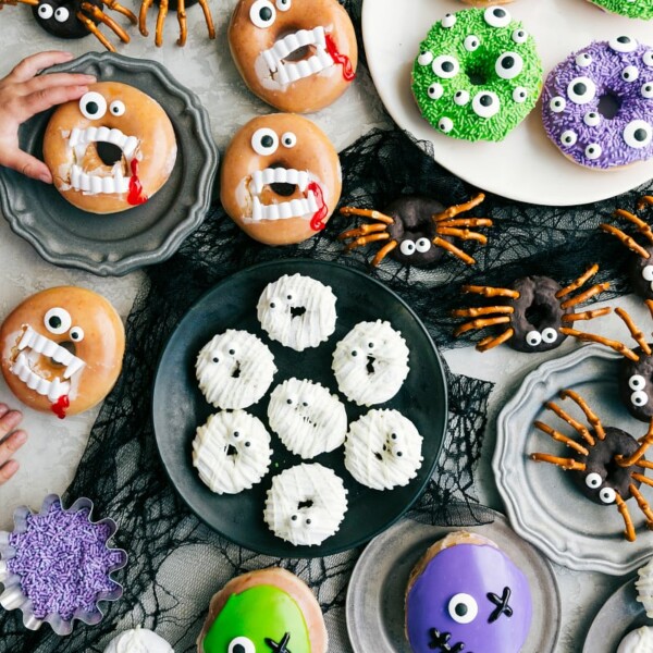 The different Halloween donut optionsโthe vampire, monster, mummy, spiders, and frankenstein.
