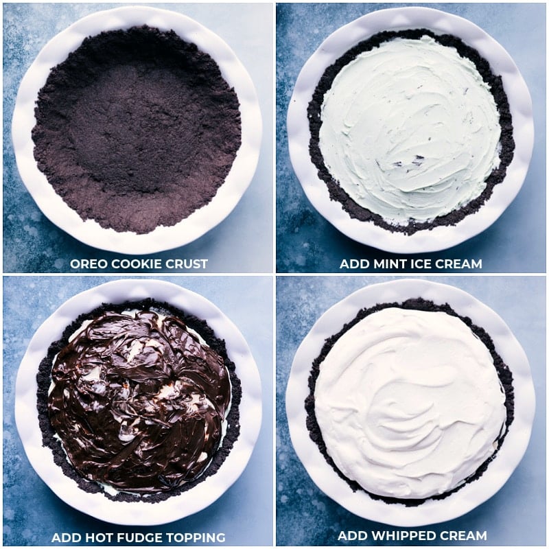 It only takes 6 ingredients to make this delicious and refreshing ice cream Grasshopper Pie -- the perfect summer treat that takes minutes to assemble! Recipe via ChelseasMessyApron #dessert #best #quick #easy #simple #oreo #icecream #treat #familyfriendly #kidfriendly #green #grasshopper #pie Process shots-- images of the ice cream being layered in along with hot fudge topping and whipped cream