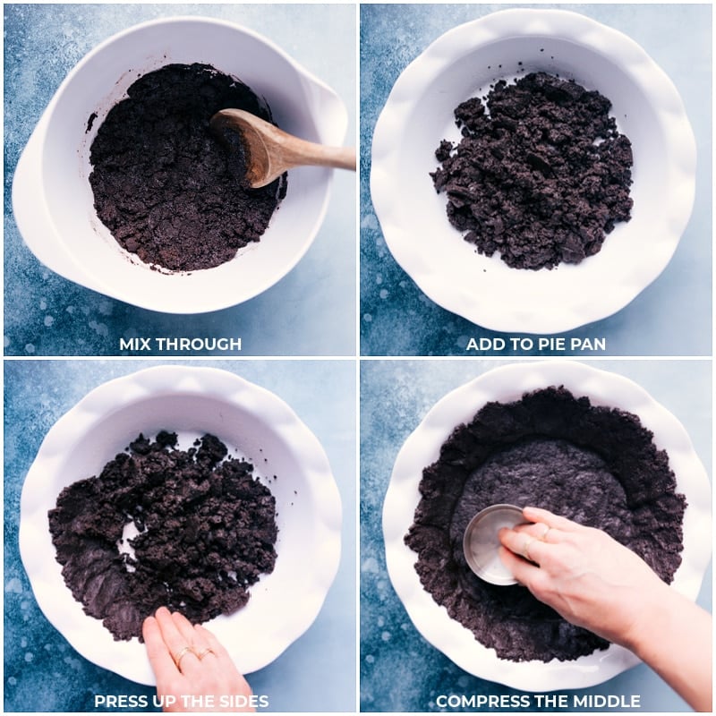 The perfect summer treat that takes minutes to assemble! Recipe via ChelseasMessyApron #dessert #best #quick #easy #simple #oreo #icecream #treat #familyfriendly #kidfriendly #green #grasshopper #pie Process shots of Grasshopper Pie--making the crust and pressing it into the pie pan