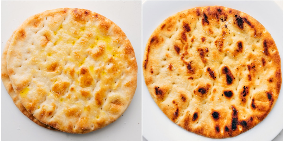 This Grilled Steak Salad is inspired by a restaurant favorite! We toss together perfectly grilled steak, lightly salted & grilled pita bread, baby spinach, crisp cucumbers, sweet cherry tomatoes, Kalamata olives, and salty feta cheese. We drizzle a show-stopping sweet lemon-honey vinaigrette on this salad as the perfect finishing touch! Recipe via chelseasmessyapron #healthy #clean #cleaneating #best #protein #pita #grilled #steak #salad Pita brushed with oil and seasoning, then grilled to make croutons for this recipe.