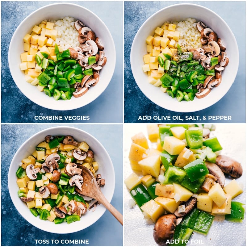 Philly Cheesesteak Foil Packs make a fun campfire meal. These foil packs are loaded with veggies -- onion, peppers, potatoes, and mushrooms. On top of the veggies, we add seasoned and crumbled ground beef and finish everything off with gooey melted Provolone cheese. Recipe via ChelseasMessyApron #dinner #quick #easy #simple #best #cheesy #peppers #potatoes #campfire #phillycheesesteak #foilpacks Seasoning and oiling the veggies.