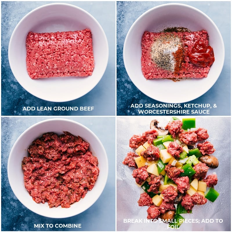 Philly Cheesesteak Foil Packs make a fun campfire meal. These foil packs are loaded with veggies -- onion, peppers, potatoes, and mushrooms. On top of the veggies, we add seasoned and crumbled ground beef and finish everything off with gooey melted Provolone cheese. Recipe via ChelseasMessyApron #dinner #quick #easy #simple #best #cheesy #peppers #potatoes #campfire #phillycheesesteak #foilpacks Prepping the ground beef with seasonings and adding it with the veggies.