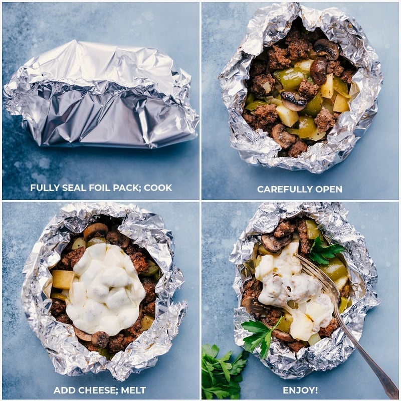 Philly Cheesesteak Foil Packs make a fun campfire meal. These foil packs are loaded with veggies. On top of the veggies we add seasoned and crumbled ground beef and finish everything off with gooey melted Provolone cheese. Recipe via ChelseasMessyApron #dinner #quick #easy #simple #best #cheesy #peppers #potatoes #campfire #phillycheesesteak #foilpacks Images of the foil packs being sealed; being cooked; cheese added on top