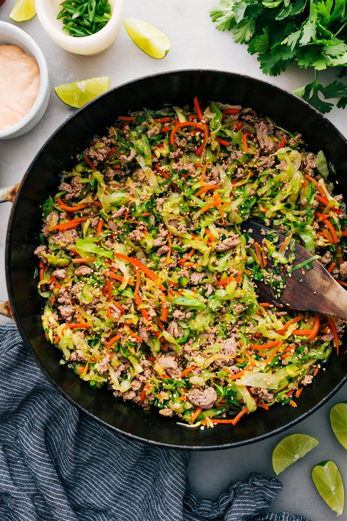 Ground Turkey Stir Fry cooks in the skillet and gets topped with sesame seeds for serving.
