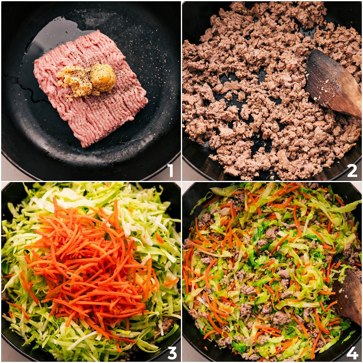 Browning the meat with garlic and ginger, then adding all the veggies to sauté until tender.