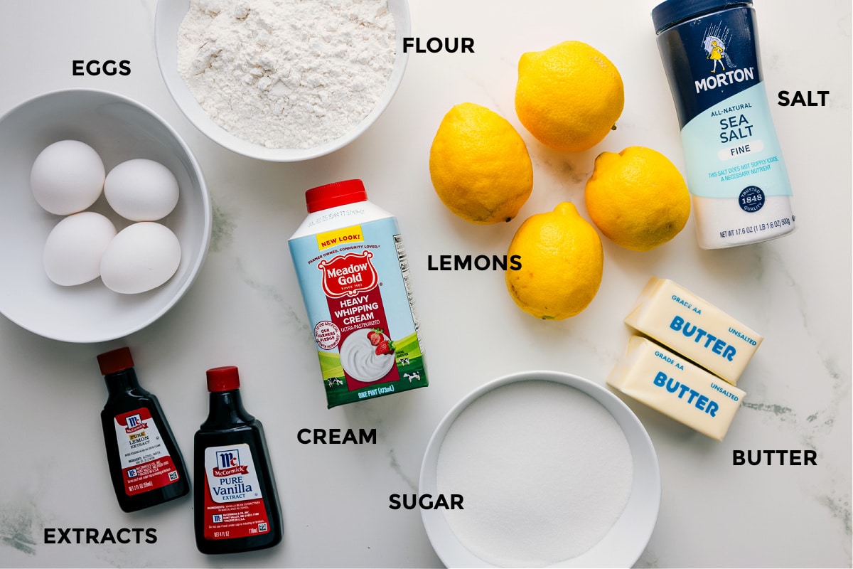 Ingredients In Lemon Bars All the ingredients for lemon bars prepped and ready for easy assembly, including eggs, flour, salt, butter, sugar, cream, and extracts.