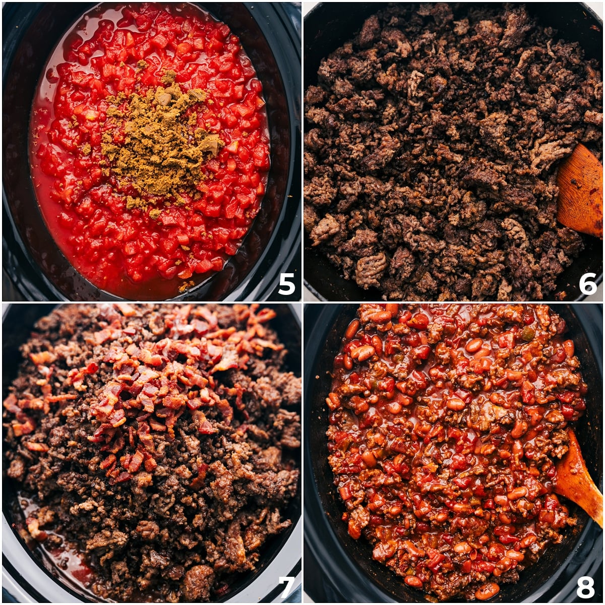 Slow Cooking The Chili In The Crockpot Adding all the ingredients into the slow cooker to cook.