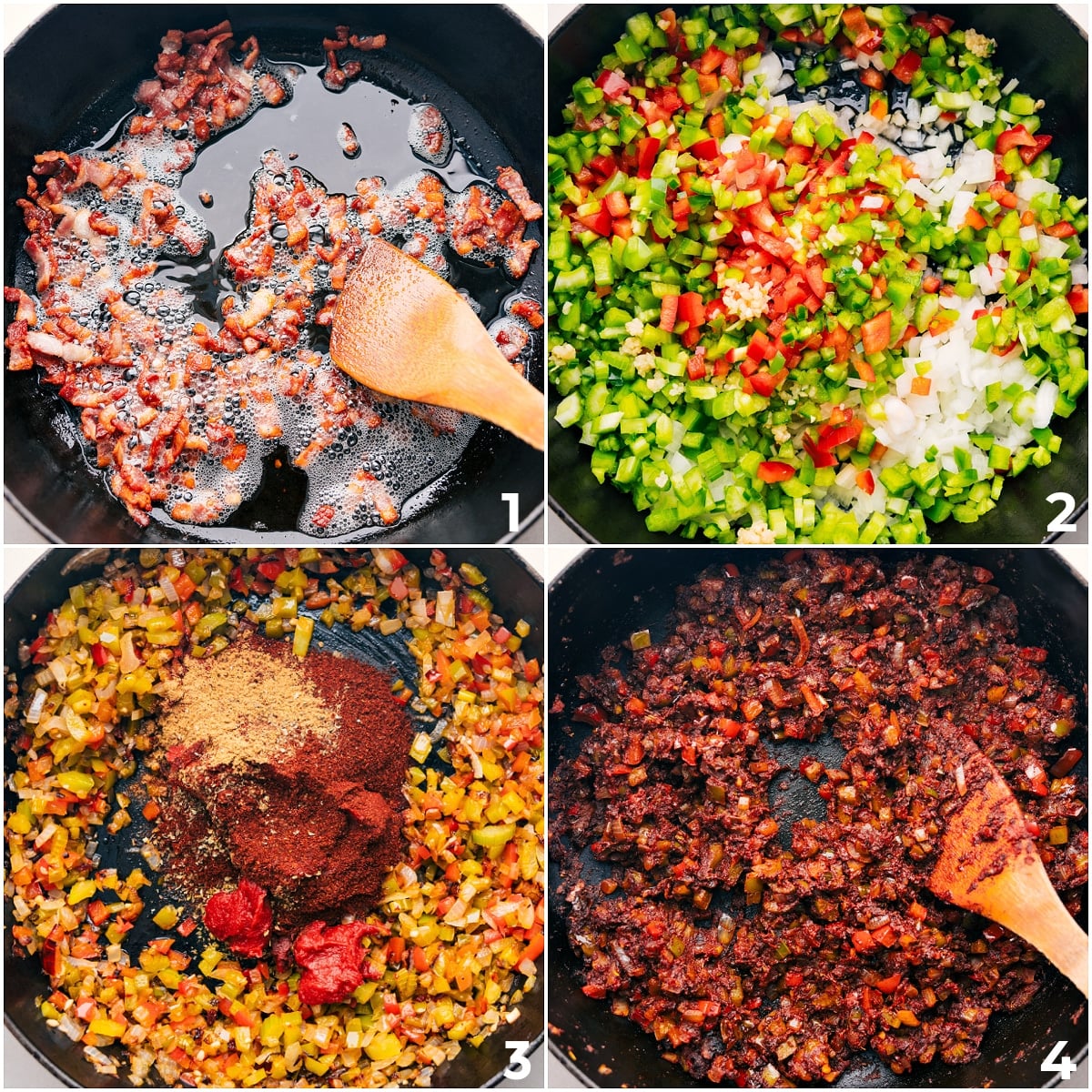 How To Make Crockpot Chili Flavorful Cook the bacon, sautรฉ the veggies, add the seasonings and paste, and sautรฉ everything together.
