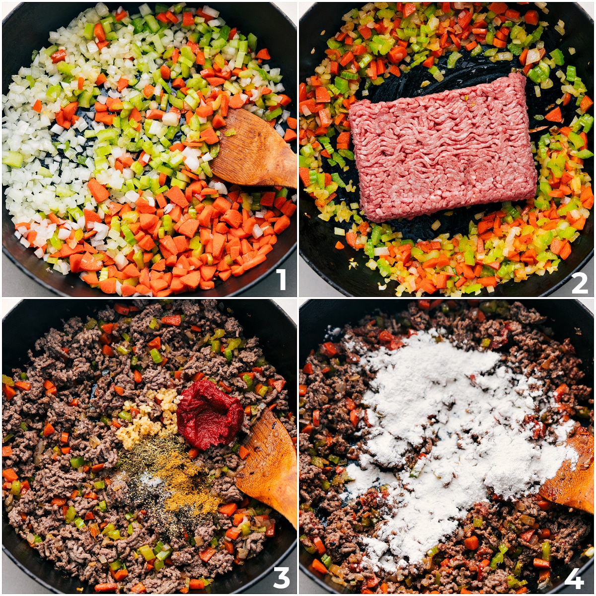 How To Make Ground Beef Shepherd's Pie Veggies being sautéed, then ground beef browned with garlic, seasonings, tomato paste, and flour for ground beef shepherd’s pie filling.