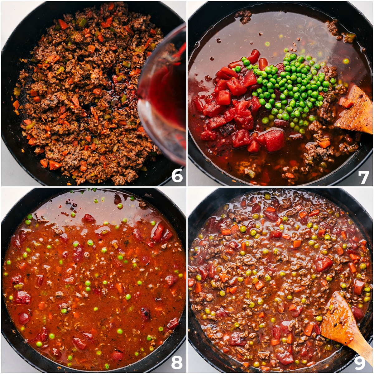 The Perfect Leftover Dinner Recipe: Ground Beef Shepherd's Pie Grape juice, broth, and tomatoes and peas added to the mix to all simmer together.