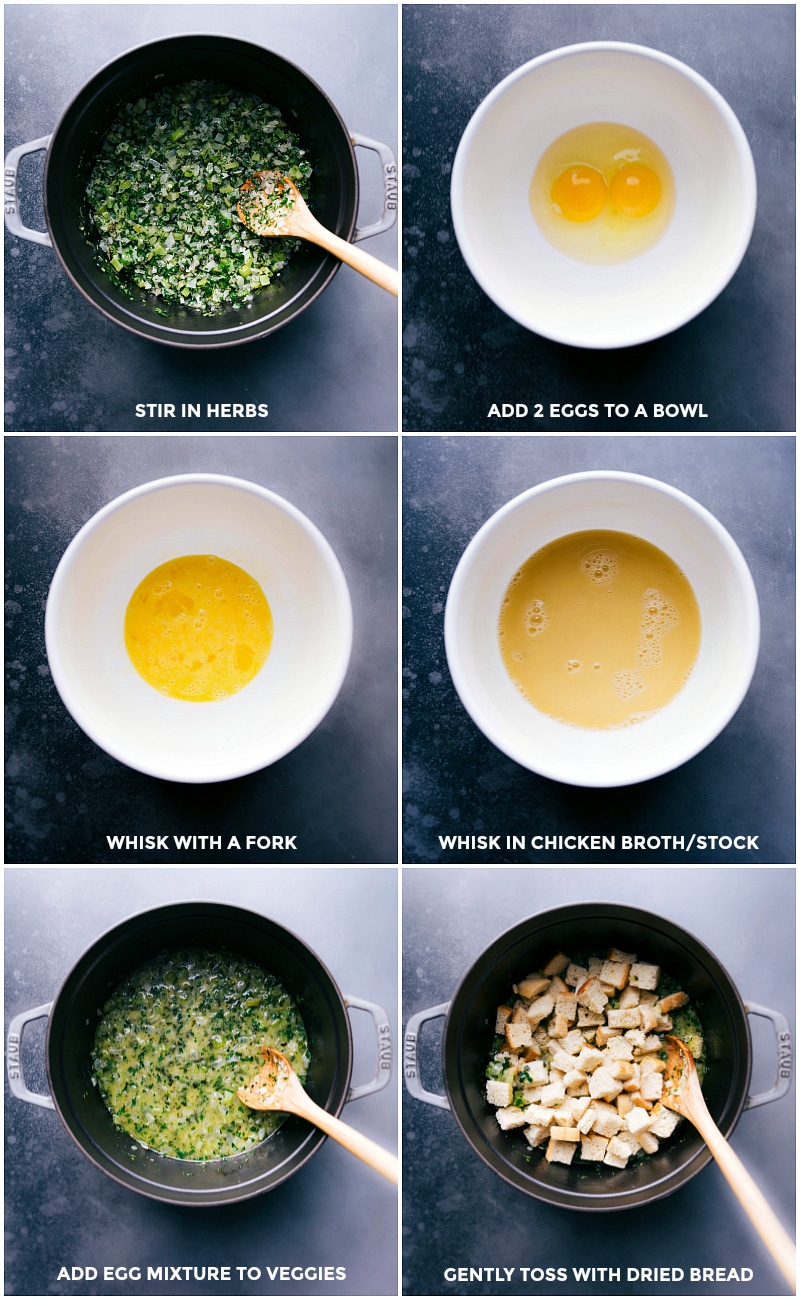 Mixing Egg and Broth Mixture with Veggies and Adding Bread for Thanksgiving Dressing Egg and broth mixture being combined with cooked veggies, followed by adding bread for the Thanksgiving dressing recipe.