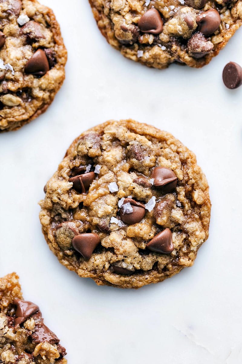 Soft, chewy, buttery, and best of all CHOCOLATEY: these Oatmeal Chocolate Chip Cookies are the absolute best! Plus tips to make these perfect everytime! Up-close overhead photo of the best Oatmeal Chocolate Chip Cookies