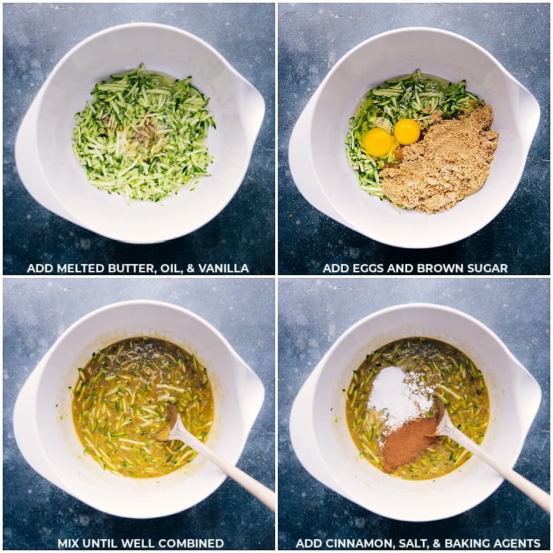 How To Make Zucchini Bread Recipe Add melted butter, oil, vanilla, eggs and brown sugar to the bowl; mix well; add cinnamon, salt and baking agents for this Zucchini Bread Recipe.